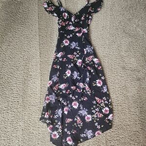 Iz Byer Black Floral Cold-Shoulder Maxi Dress with Pink and Purple Blooms